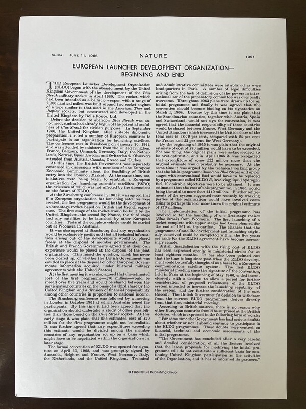 "European Launcher Development Organization - Beginning and End" Nature article