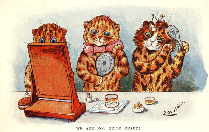A painting of three cats getting ready with the discription "We are not quite ready". This piece is owned by the UK National Archives