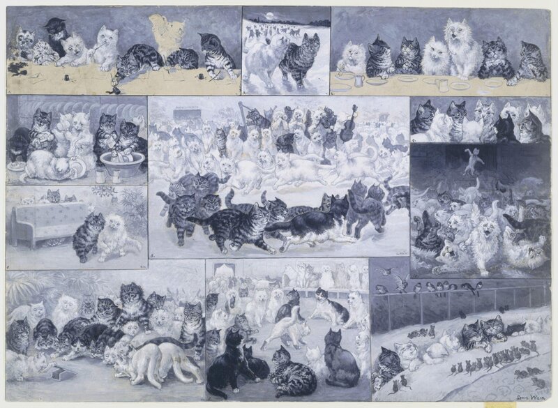 One of the first pieces of cat art published by Louis Wain. This piece features 100+ cats doing various activities to celebrate Christmas. Located at the Victoria and Albert Museum.