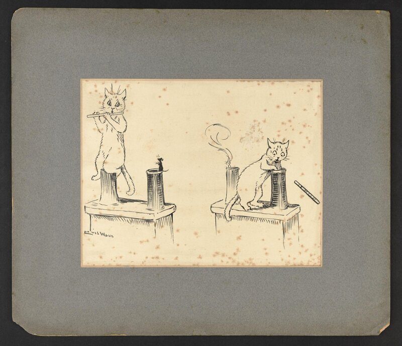 A sketch of a cat playing the flute before he notices a mouse. This is a perfect example of the way Wain personified the cats and made them very silly. It was said that Wain could sketch these drawings in 15 minutes. This piece is located at the Victoria and Albert museum.&nbsp;