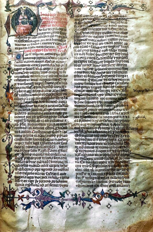 Decorated first page of a 14th century Italian manuscript of the Otia Imperialia by Gervase of Tilbury. The margins are well decorated, and the text is handwritten in Latin. The top left shows a miniature that most likely depicts Holy Roman Emperor Otto IV.