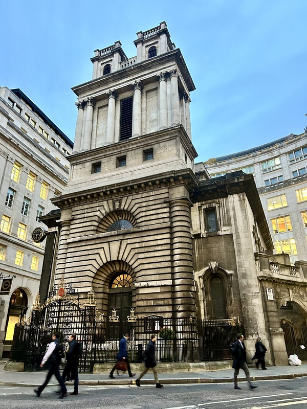 St. Mary Woolnoth is one of the city churches Wren rebuilt. This church is not clearly labeled on the outside but resembles Wren's churches.