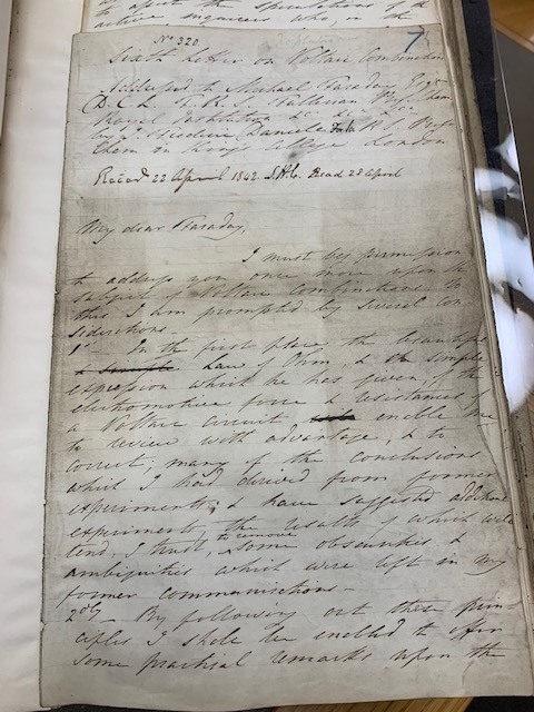 This picture is the first page of the sixth letter to Michael Faraday from John Frederic Daniell.