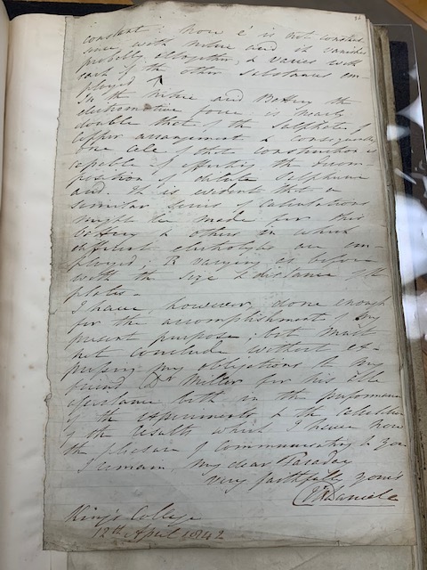 This picture is the last page of the sixth letter to Michael Faraday from John Frederic Daniell.