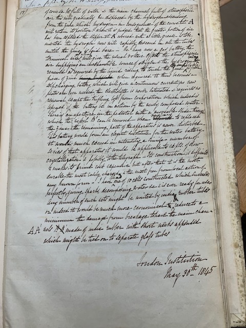 This is the last page of the paper created by William Robert Grove in 1845. The paper goes over the various experiments of variations of the gas battery that grove made in 1842.
