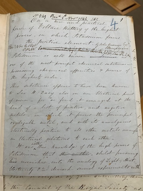 This manuscript was created by John Goodman in 1846-7. The paper goes over the creation of potassium in a unique battery arrangement consisting of sulfuric acid, platinum, crude oil, potassium, and copper wire. This is the last page.