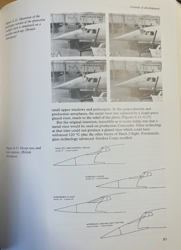Photos of prototype Concorde noses and drawings of adjustable droop nose