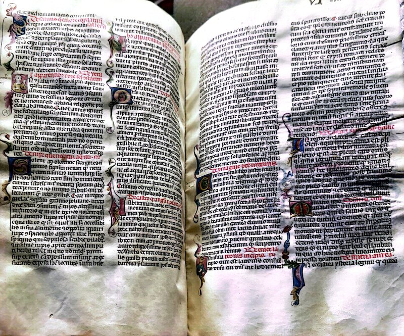 Open pages of a 14th century Italian manuscript of the Otia Imperialia by Gervase of Tilbury. Section titles are written in red ink and have decorative painted initial letters. All of the text is handwritten in Latin.