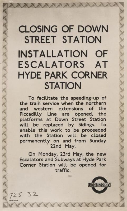 A magazine advertizement column announcing the closing of Down Street Station