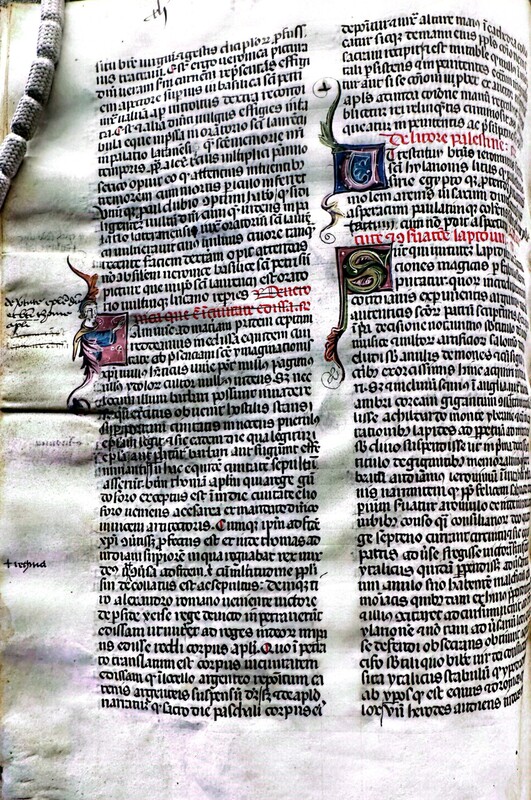 Annotated page of a 14th century Italian manuscript of the Otia Imperialia by Gervase of Tilbury. The margins feature annotations from past owners of the manuscript, with the section next to the crossed out text appearing to be a corrected version of the title for that section. All writing is in Latin.