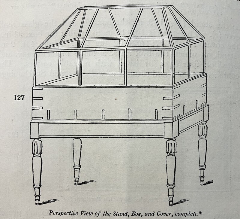 A picture of a diagram of an early decorative Wardian Case designed featured in Nathaniel Bagshaw Ward's published book on the subject. The decorative case would not be used for long range plant transportation, but instead as a self-contained decoration.