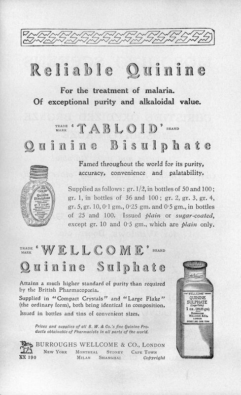 A 1910 advertisement for two different quinine treatments for malaria; quinine bisulphate and quinine sulphate. Marketed as of "exceptional purity".