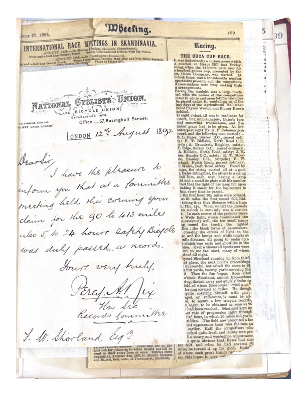 Letter from the National Cyclists' Union with News of Record