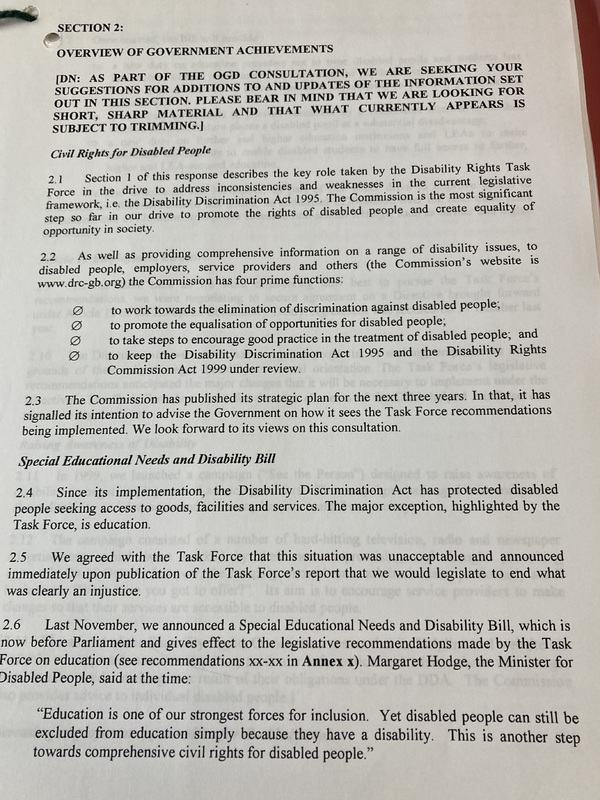 Page 7 from a draft of Towards Inclusion, a document that outlines shortcomings of pre-2000 Disability Legislation.