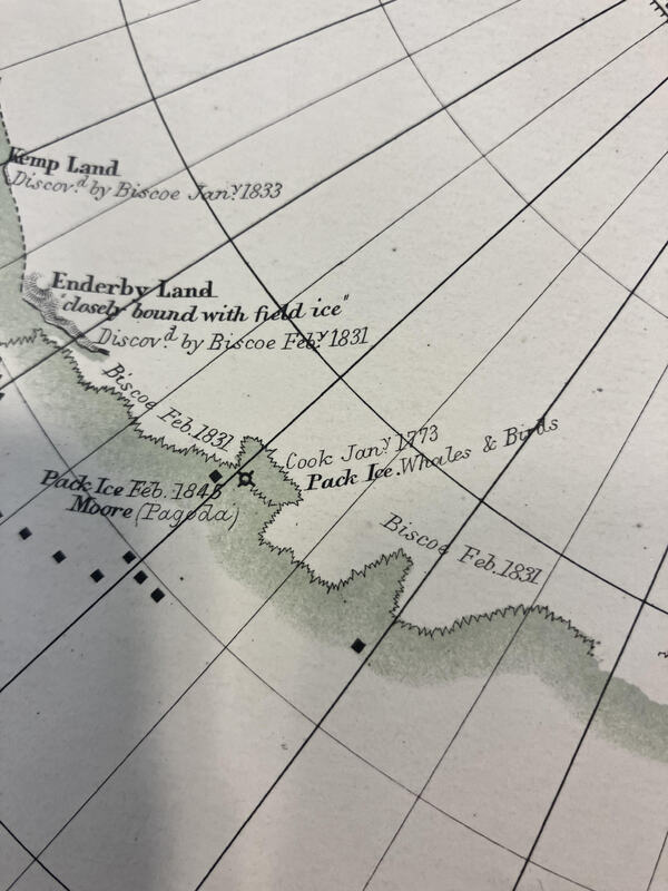 Chart showcasing the pack ice Cook and other explorers ran into close to Enderby Land.