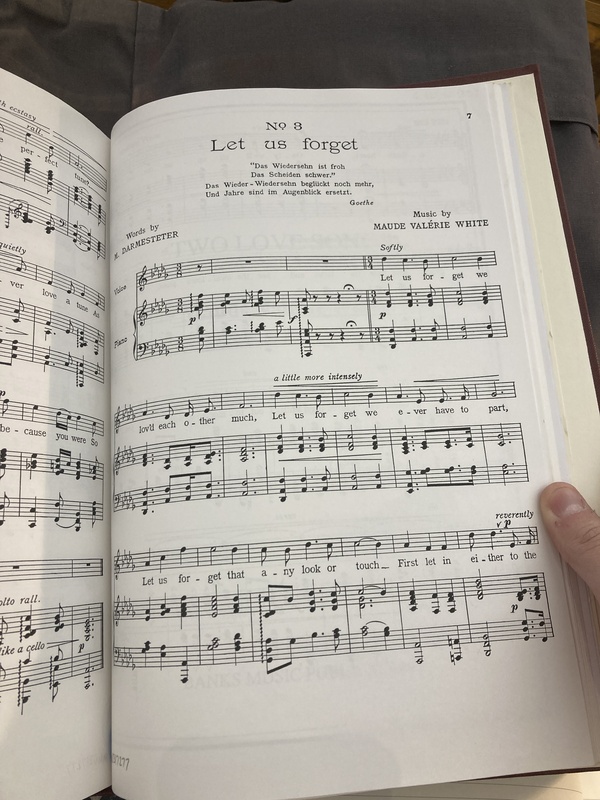 Picture of the title page of the first movement of Three Little Songs entitled "No 3. Let us forget". It was composed by Maude Val&eacute;rie White and features words by Ars&egrave;ne Darmesteter.&nbsp;