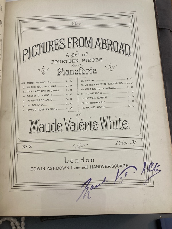 Picture of the title page of&nbsp;Pictures from Abroad, a set of fourteen pieces for the pianoforte inspired by Maude Val&eacute;rie White's extensive European travels.