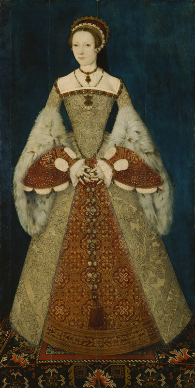 Full-length portrait of Katherine Parr, c. 1545, Artist Unknown (attributed to Master John). It is thought to be the first full-length portrait of an English queen.
