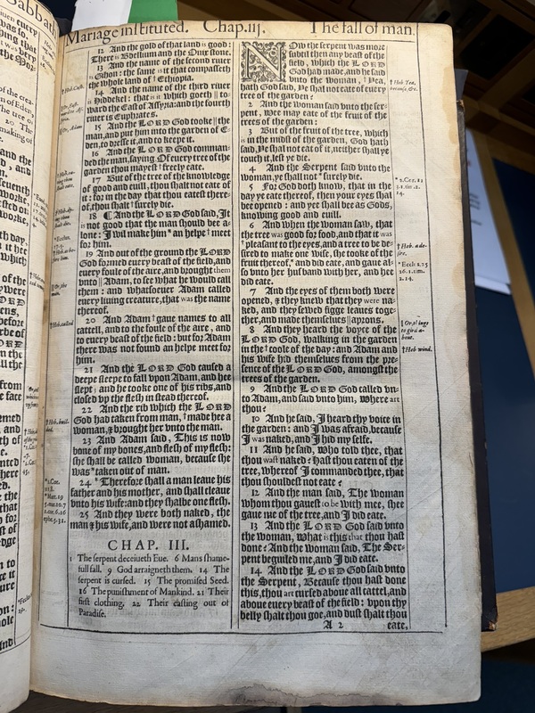 A page from an original 1613 copy of the 1611 King James Version Bible.