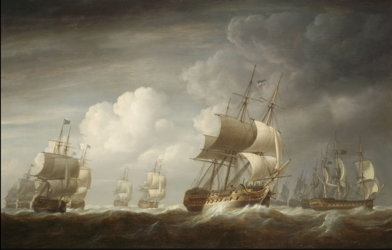 East India Company ships sailing together across rough seas, 1803.