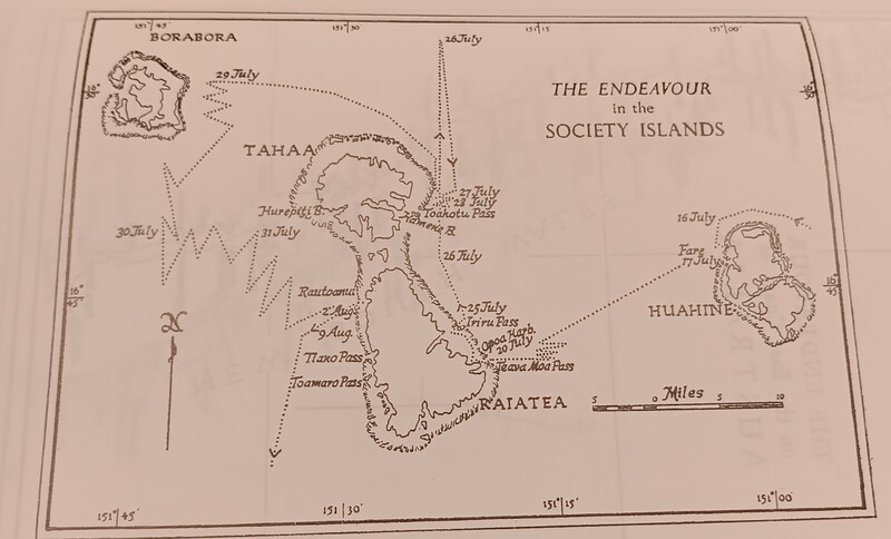 "Track of the HMS Endeavour in the Society Islands, 16 July-9 August 1769. Reproduced from 'The Endeavour Journal of Joseph Banks, 1768-1771'."