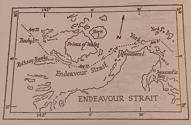 "Track of H.M.S. Endeavour and the passage through Endeavour Strait, 21 August&ndash;23 August 1770. Reproduced from 'The Endeavour Journal of Joseph Banks, 1768&ndash;1771'."