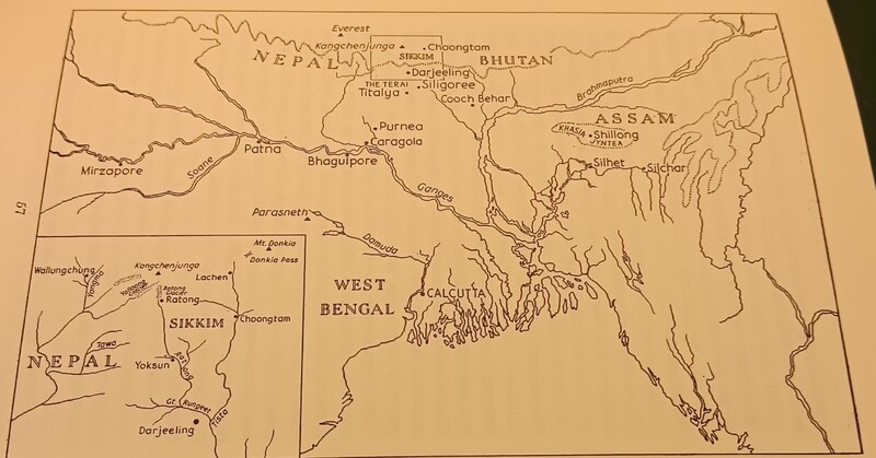 "Map of north-eastern India and the Kangchenjunga area (inset) where Joseph Hooker did much collecting."