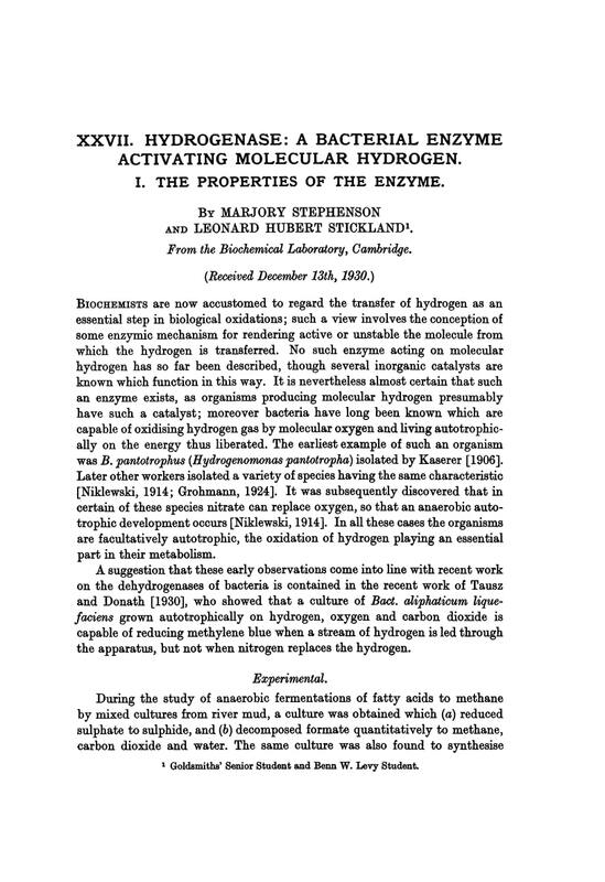 Photo of Marjory Stephenson and L.H. Strickland's groundbreaking paper: Hydrogenase: a bacterial enzyme activating molecular hydrogen