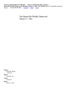 "Huntsville Weekly Democrat", Wednesday, March 27, 1907, Vol. LXXXIV, No. 11