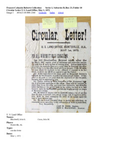 Circular Letter U.S. Land Office, May 1, 1872