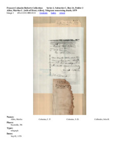 Allen, Martha C. [wife of Drury Allen], Telegram concerning death, 1879