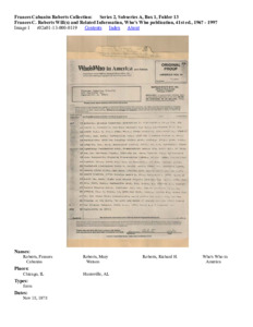 Frances C. Roberts Will(s) and Related Information, Who's Who publication, 41st ed., 1967 - 1997