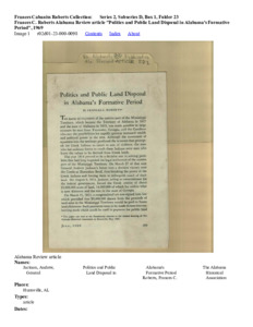 Frances C. Roberts Alabama Review article Politics and Public Land Disposal in Alabama's Formative Period, 1969
