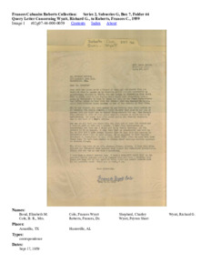 Query Letter Concerning Wyatt, Richard G., to Roberts, Frances C., 1959