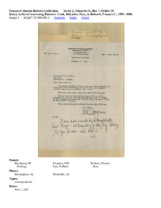 Query Letters Concerning Painters- Cook, DeLattre, Frye, to Roberts, Frances C., 1955 -1986