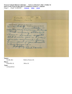 Query Letter From Neville, Bert (?), to Roberts, Frances C., undated