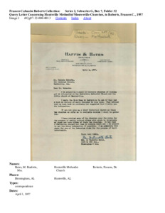 Query Letter Concerning Huntsville Methodist/Mooresville Churches, to Roberts, Frances C., 1957