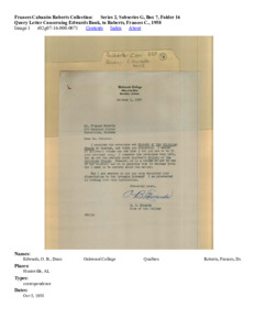 Query Letter Concerning Edwards Book, to Roberts, Frances C., 1958