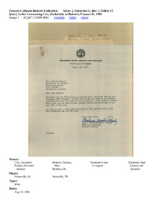 Query Letter Concerning Cox, Zachariah, to Roberts, Frances D., 1956