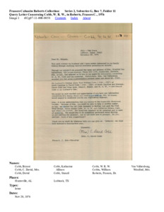 Query Letter Concerning Cobb, W. R. W., to Roberts, Frances C., 1976