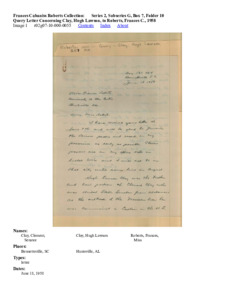 Query Letter Concerning Clay, Hugh Lawson, to Roberts, Frances C., 1958
