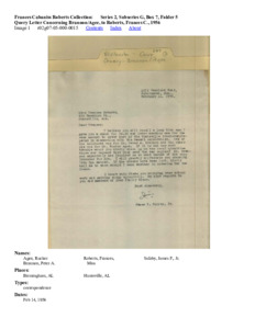 Query Letter Concerning Brannon/Agee, to Roberts, Frances C., 1956
