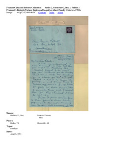 Frances C. Roberts Various Topics and Inquiries About Family Histories, 1950s