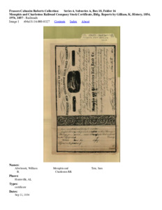 Memphis and Charleston Railroad Company Stock Certificate, Bldg. Reports by Gilliam, K, History, 1854, 1974, 1857