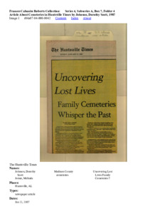 Article About Cemeteries in Huntsville Times by Johnson, Dorothy Scott, 1987