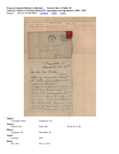 Colcock, Charles J. to Pettus, Richard E. (genealogy correspondence), 1905 - 1927