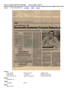 Papers relating to the induction of Frances C. Roberts into the Alabama Women's Hall of Fame, 2013