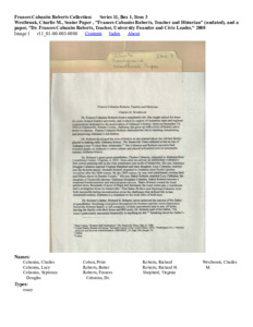 Westbrook, Charlie M., Senior Paper , "Frances Cabaniss Roberts, Teacher and Historian" (undated), and a paper, "Dr. Frances Cabaniss Roberts, Teacher, University Founder and Civic Leader," 2008