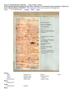 Emily and Jack Burwell Donations of Glove Box Containing 11 Transcribed Letters from Baker L. Roberts to Lucy (Cabaniss) Roberts, 1878-1879