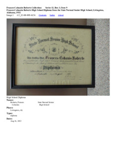 Frances Cabaniss Roberts High School Diploma from the State Normal Senior High School, Livingston, Alabama, 1932